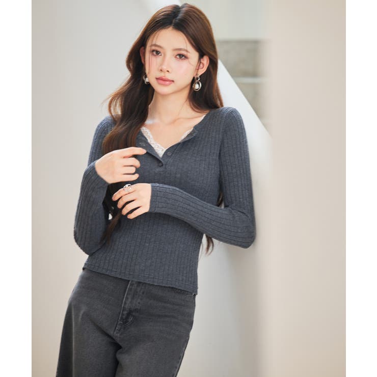 胸元レースリブ編みニットトップス | SAISON DE PAPILLON  | 詳細画像6 