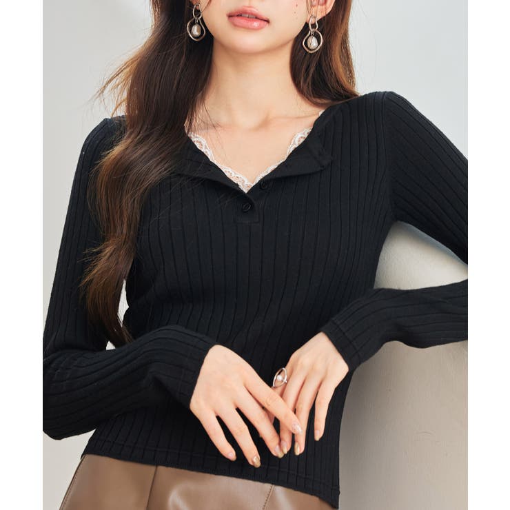 胸元レースリブ編みニットトップス | SAISON DE PAPILLON  | 詳細画像17 