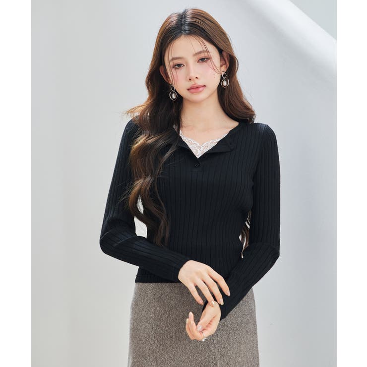 胸元レースリブ編みニットトップス | SAISON DE PAPILLON  | 詳細画像12 