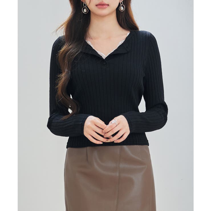 胸元レースリブ編みニットトップス | SAISON DE PAPILLON  | 詳細画像13 