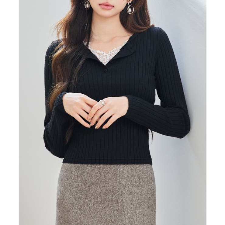 胸元レースリブ編みニットトップス | SAISON DE PAPILLON  | 詳細画像15 