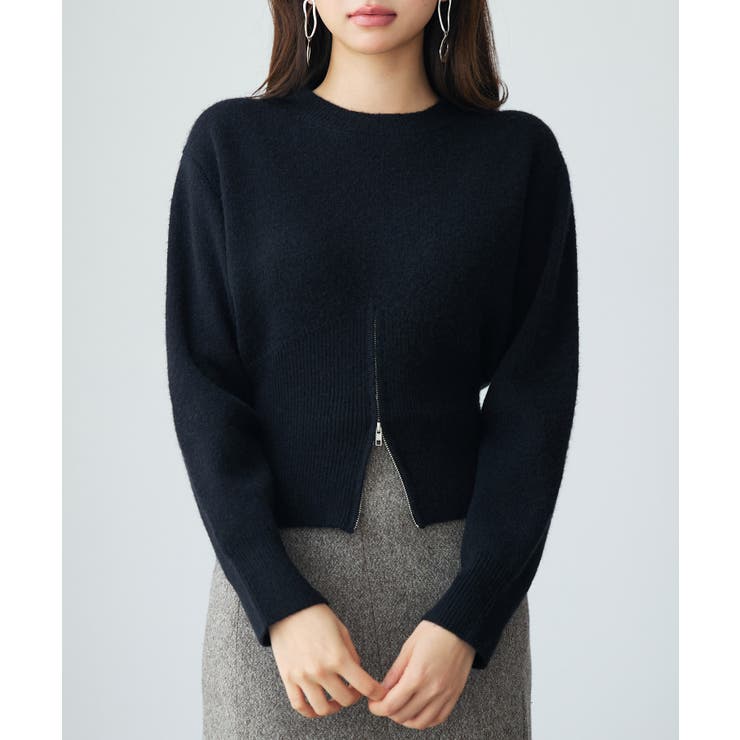 ブラック | ショート丈ジップ付きニットトップス | SAISON DE PAPILLON 