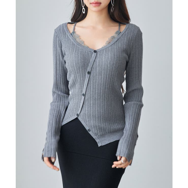 グレー | ランダムテレコ編み2枚風ニットトッブス | SAISON DE PAPILLON 