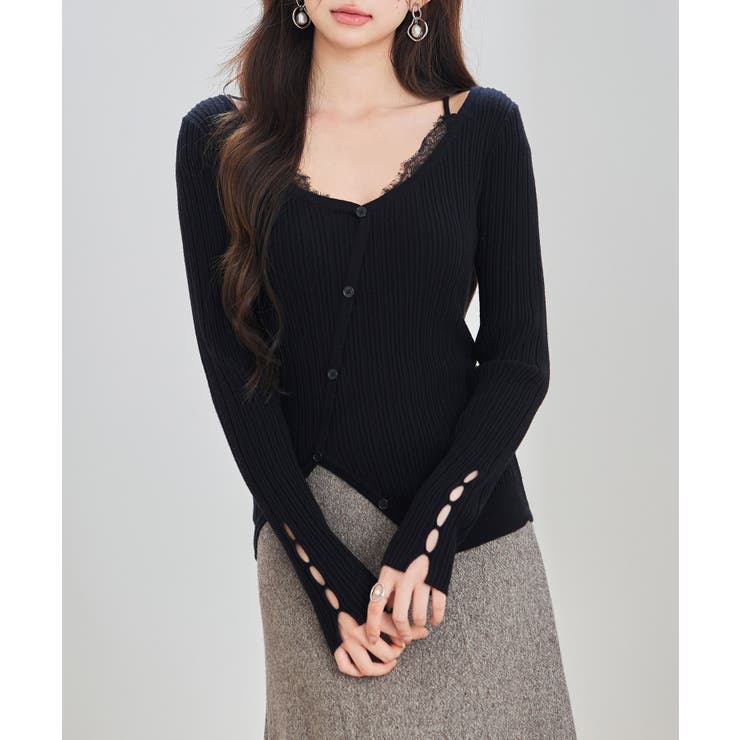 ブラック | ランダムテレコ編み2枚風ニットトッブス | SAISON DE PAPILLON 