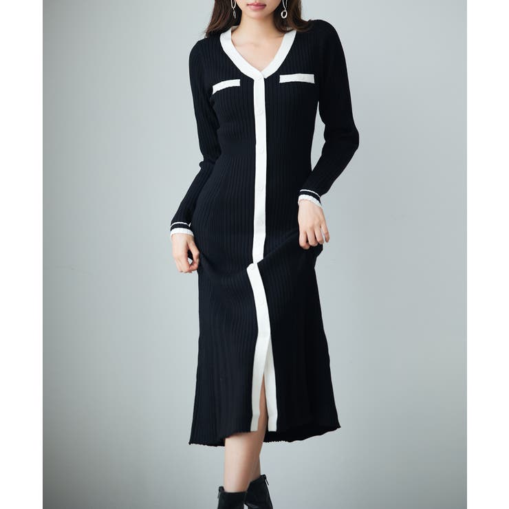 ブラック | 配色リブ編みニットミディ丈ワンピース | SAISON DE PAPILLON 