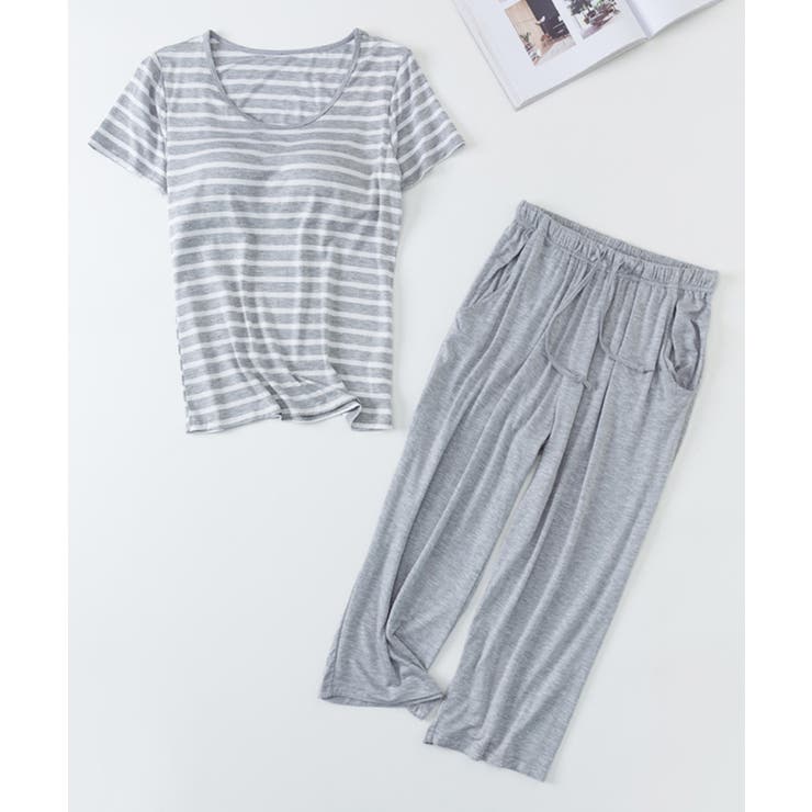 ボーダーTシャツと七分丈パンツのセットパジャマ[品番 ボーダーTシャツと七分丈パンツのセットパジャマ[品番