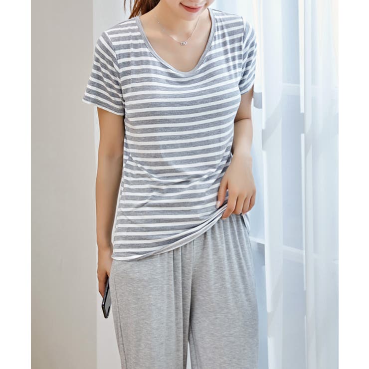 ボーダーTシャツと七分丈パンツのセットパジャマ[品番 ボーダーTシャツと七分丈パンツのセットパジャマ[品番