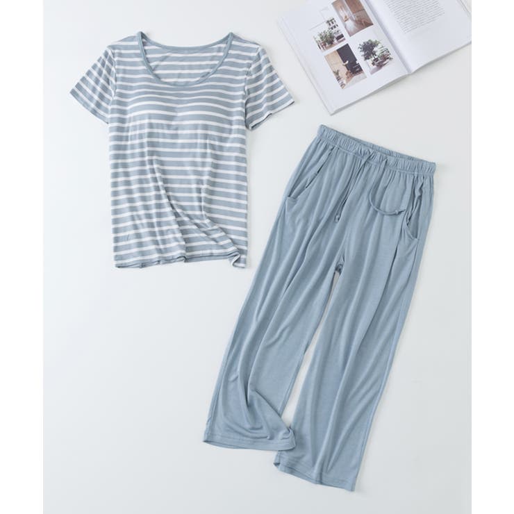ボーダーTシャツと七分丈パンツのセットパジャマ[品番 ボーダーTシャツと七分丈パンツのセットパジャマ[品番