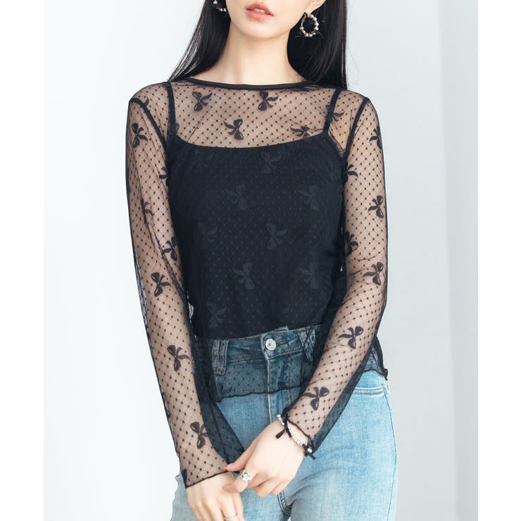 リボン柄シアー生地トップス[品番：DSSW0004870]｜SAISON DE PAPILLON 