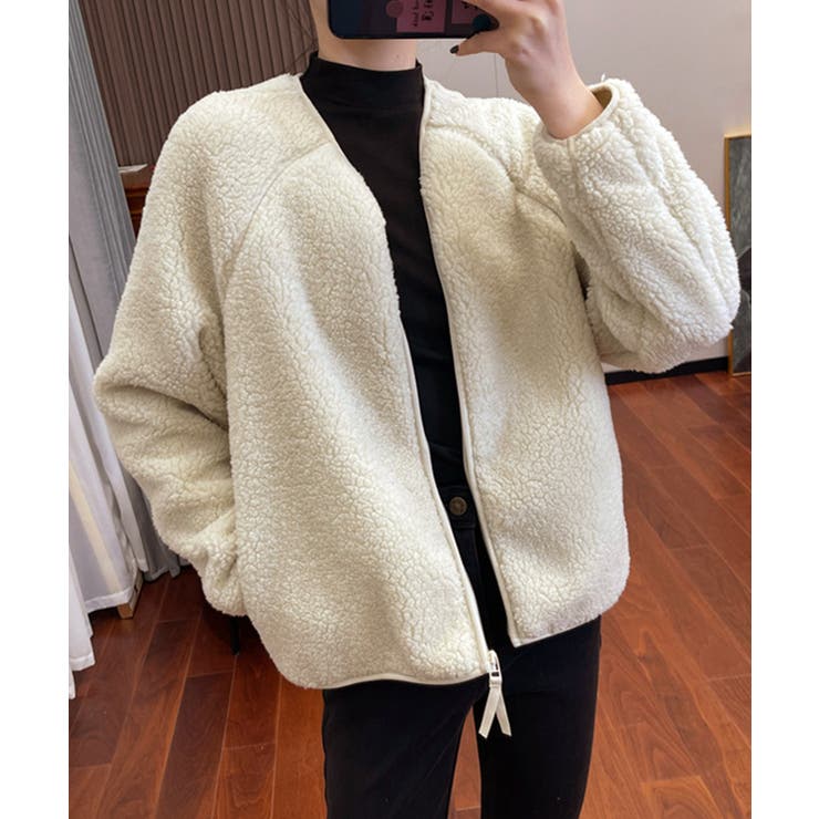 ベージュ | ノーカラーラグラン・スリーブボアブルゾン | SAISON DE PAPILLON 