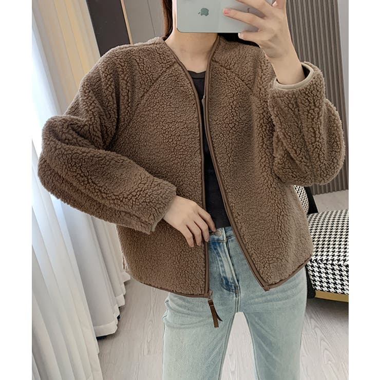 ブラウン | ノーカラーラグラン・スリーブボアブルゾン | SAISON DE PAPILLON 