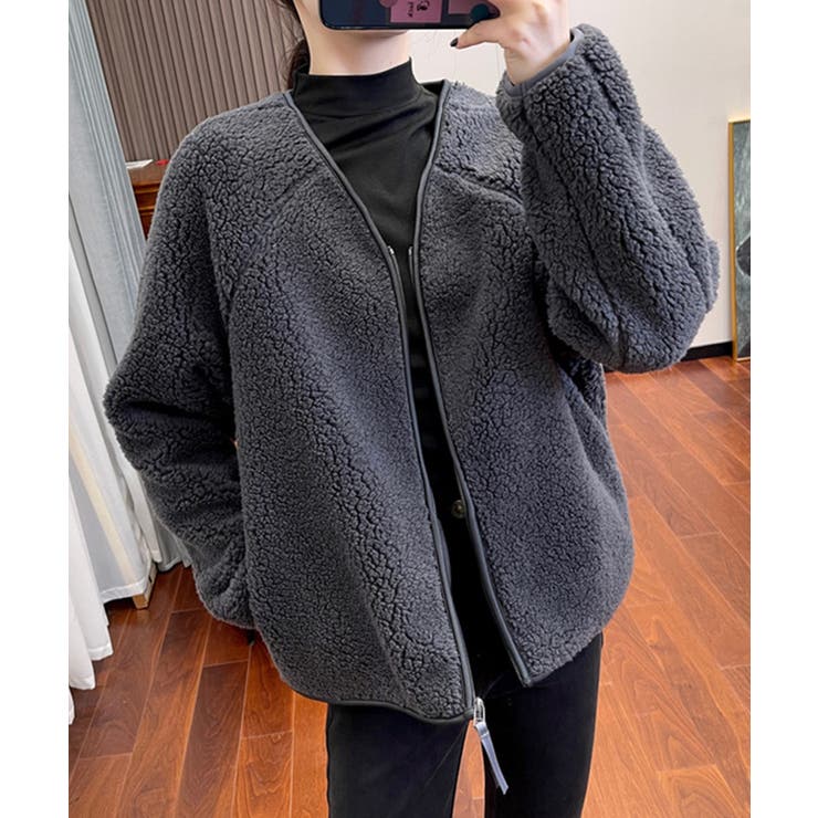 チャコール | ノーカラーラグラン・スリーブボアブルゾン | SAISON DE PAPILLON 