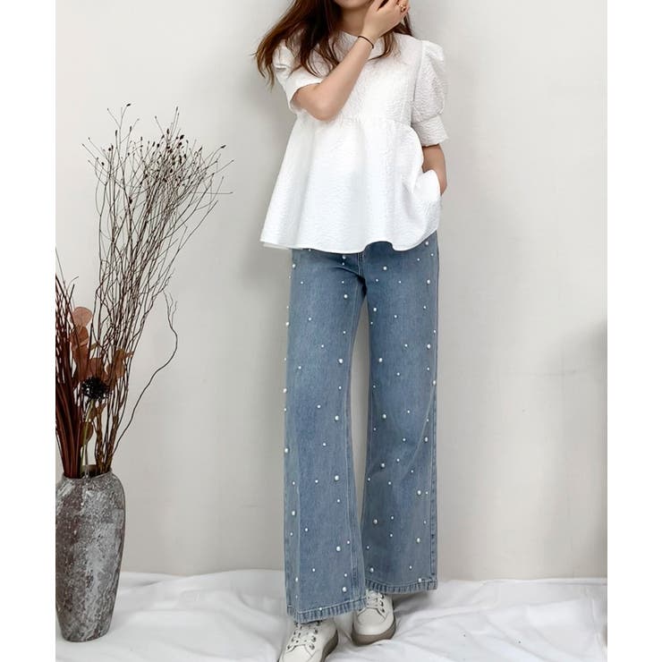 ファッション通販 パール装飾ハイウエストデニムパンツ[品番：DSSW0004840 パンツ