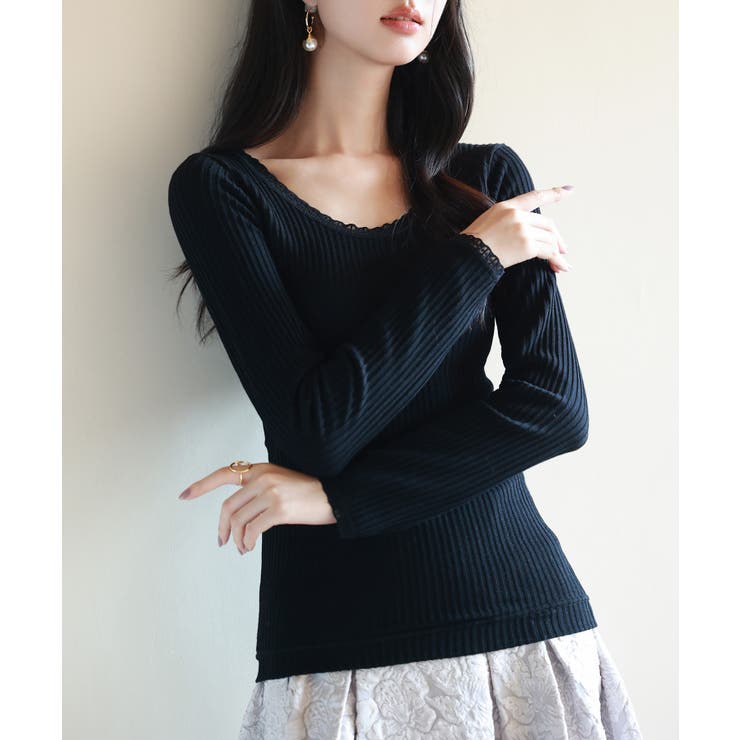 ブラック | リブ編み暖か裏起毛ストレッチトップス | SAISON DE PAPILLON 