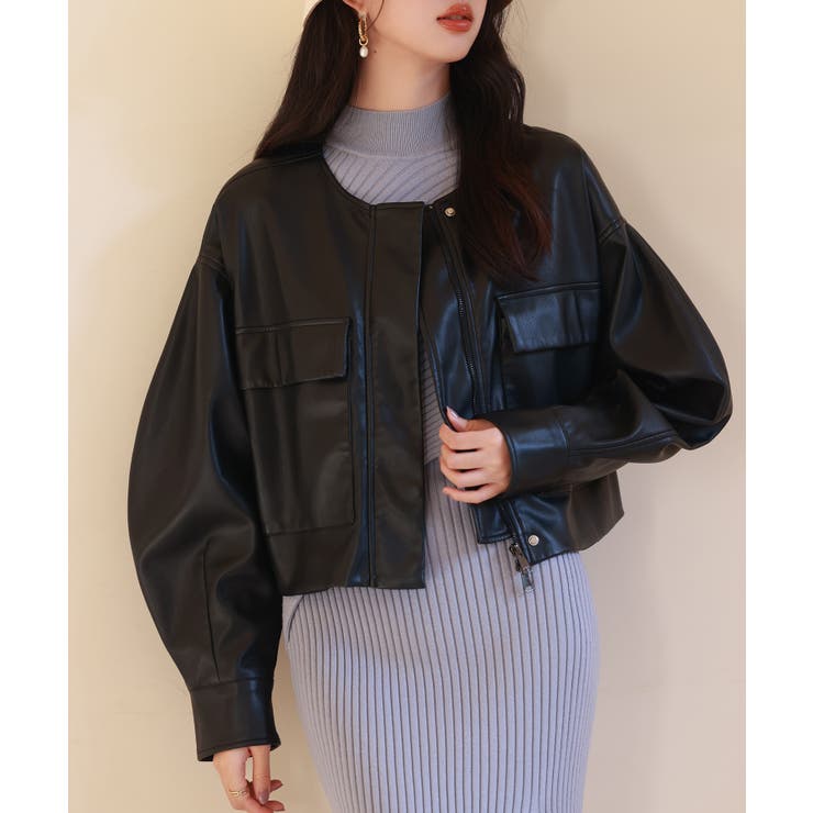 ノーカラーフェイクレザーブルゾン | SAISON DE PAPILLON  | 詳細画像3 