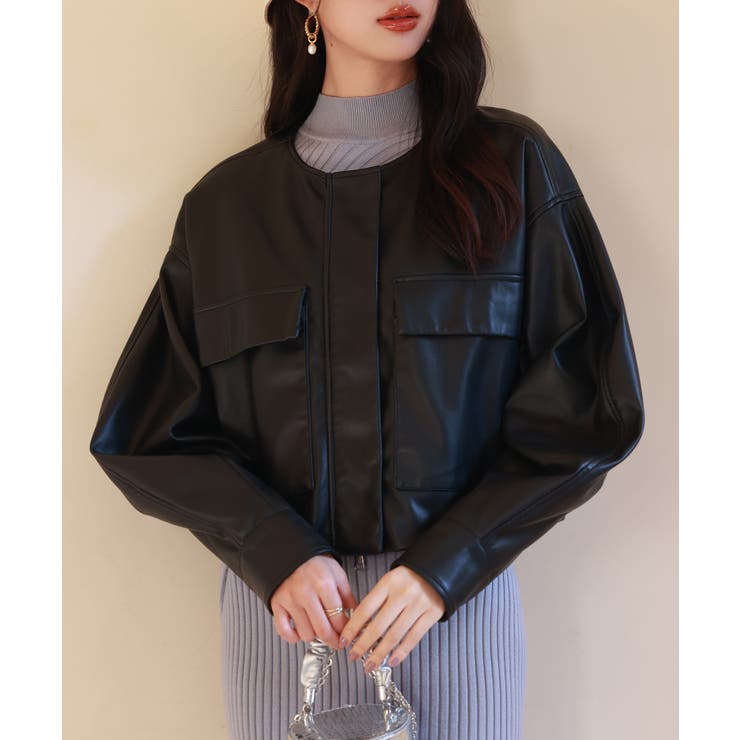 ノーカラーフェイクレザーブルゾン | SAISON DE PAPILLON  | 詳細画像7 