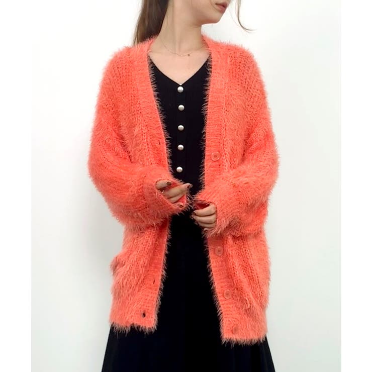 オレンジ | 光沢フェザーVネックミドル丈カーディガン | SAISON DE PAPILLON 