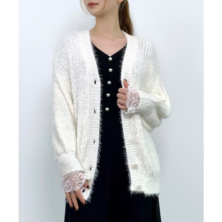 アイボリー | 光沢フェザーVネックミドル丈カーディガン | SAISON DE PAPILLON 