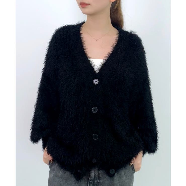 ブラック | 光沢フェザーVネックミドル丈カーディガン | SAISON DE PAPILLON 