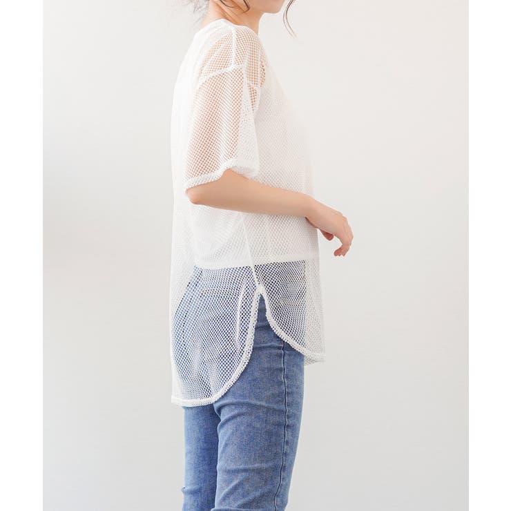 限定価格セール！ インナーキャミソール付きオーバーサイズメッシュTシャツ[品番 Mサイズ