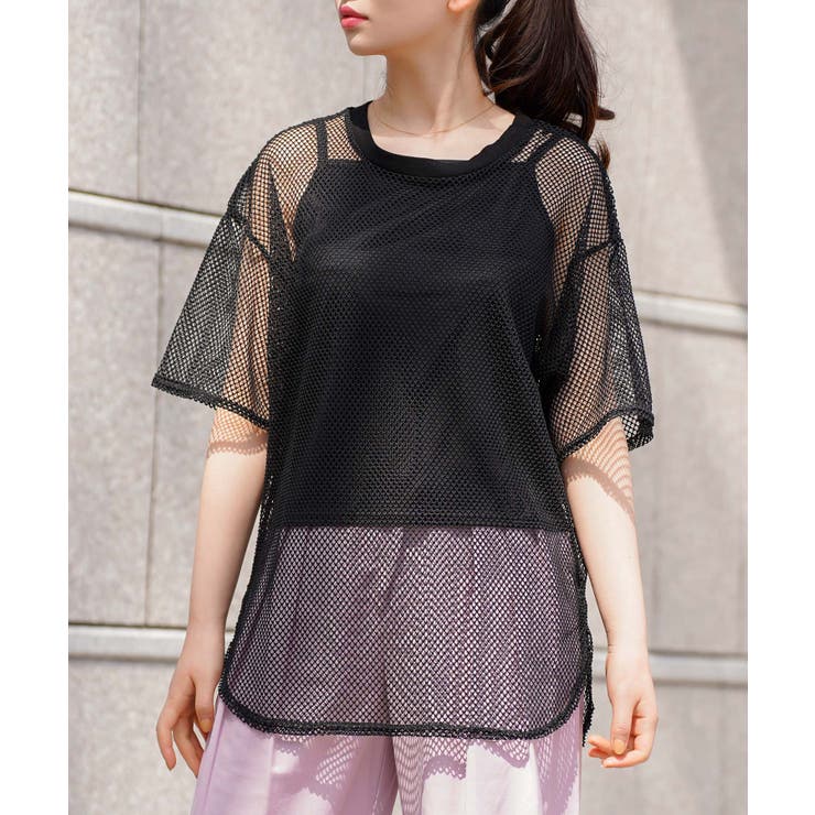 【安心発送】 インナーキャミソール付きオーバーサイズメッシュTシャツ[品番 Mサイズ
