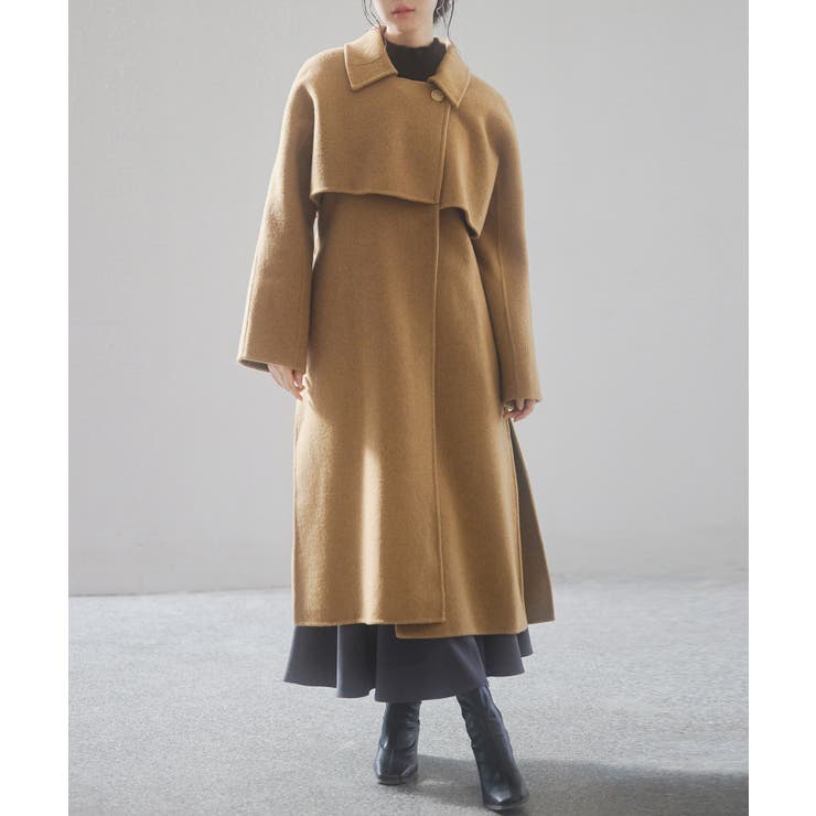 ブラウン | ウール混ベルト付きヨークデザインコート | SAISON DE PAPILLON 
