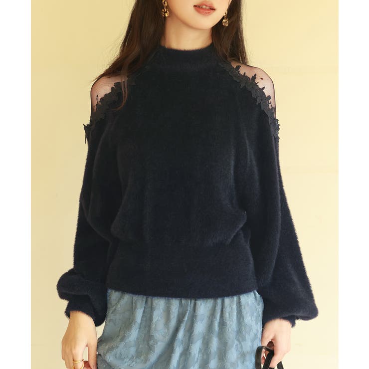 今季完売【新品】ハグオーワー フリルスリーブニットカーディガン black ふわふわ肩開きニットプルオーバー[品番：DSSW0004594]｜SAISON