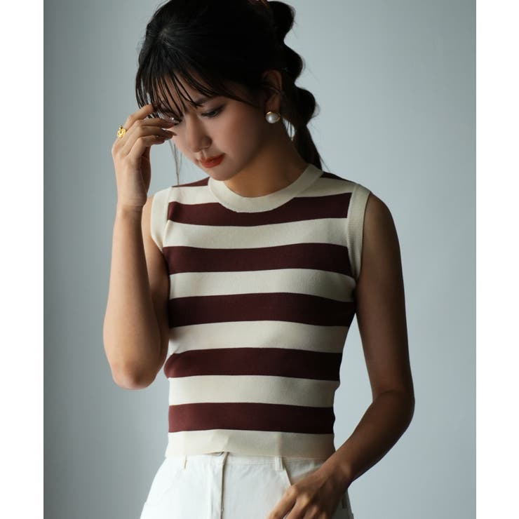 クルーネック配色ボーダーノースリーブニット | SAISON DE PAPILLON  | 詳細画像12 