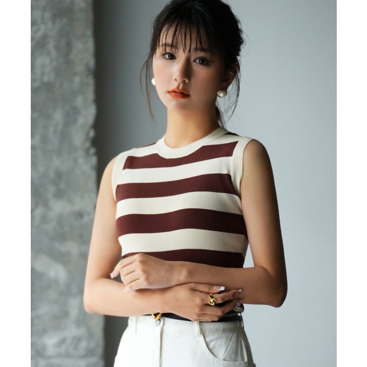 クルーネック配色ボーダーノースリーブニット | SAISON DE PAPILLON  | 詳細画像13 