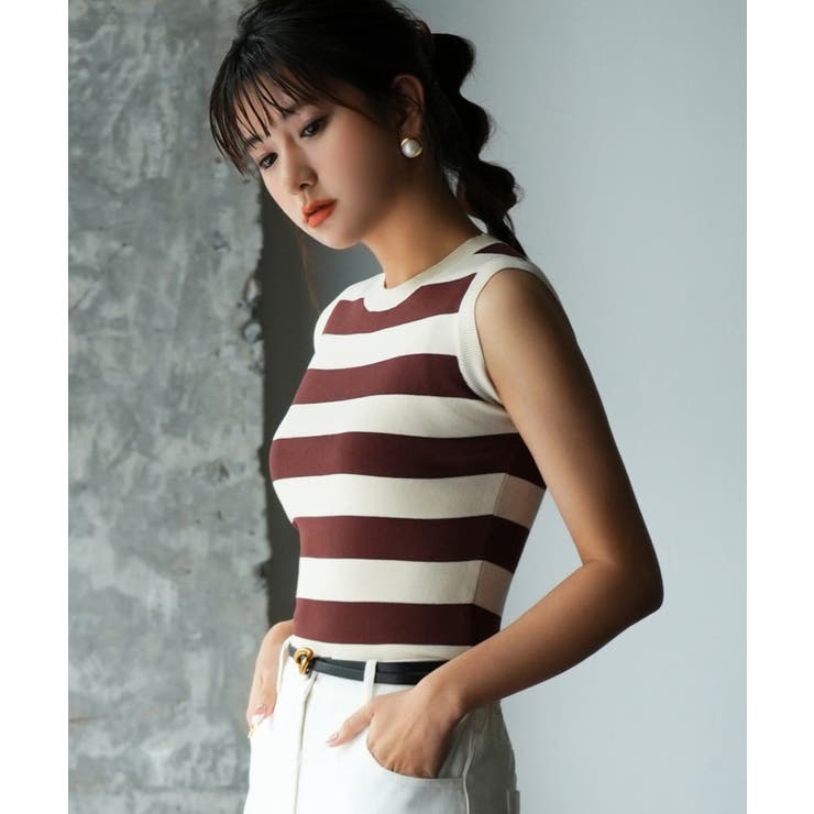 クルーネック配色ボーダーノースリーブニット | SAISON DE PAPILLON  | 詳細画像14 