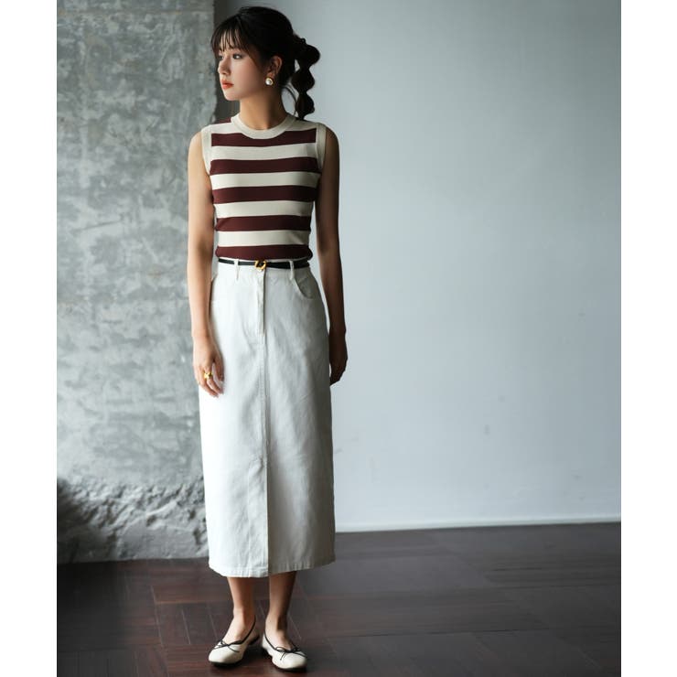 クルーネック配色ボーダーノースリーブニット | SAISON DE PAPILLON  | 詳細画像15 