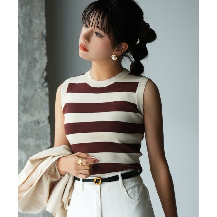 クルーネック配色ボーダーノースリーブニット | SAISON DE PAPILLON  | 詳細画像19 