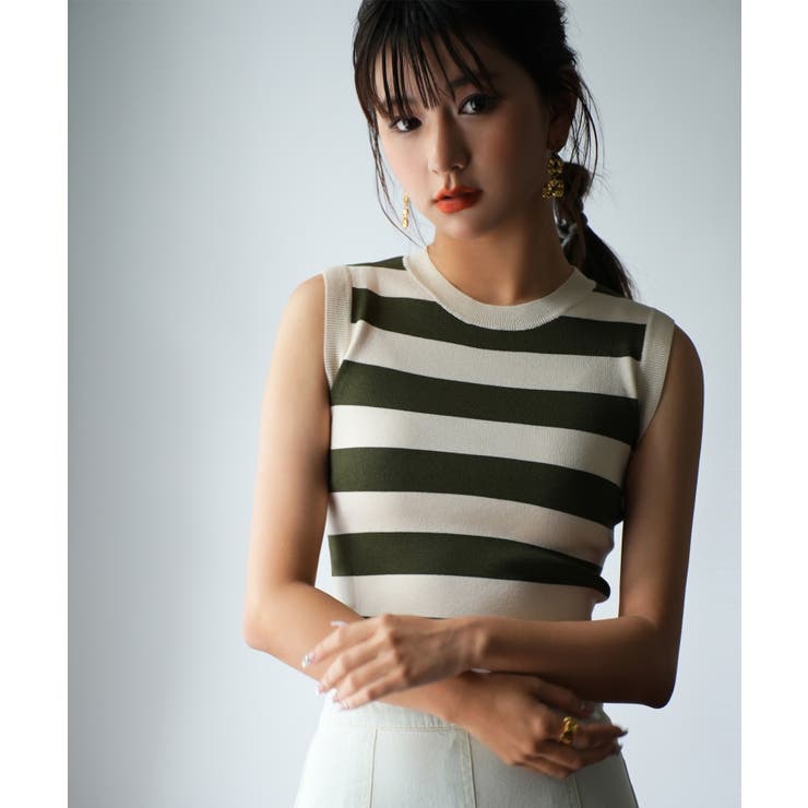 クルーネック配色ボーダーノースリーブニット | SAISON DE PAPILLON  | 詳細画像3 