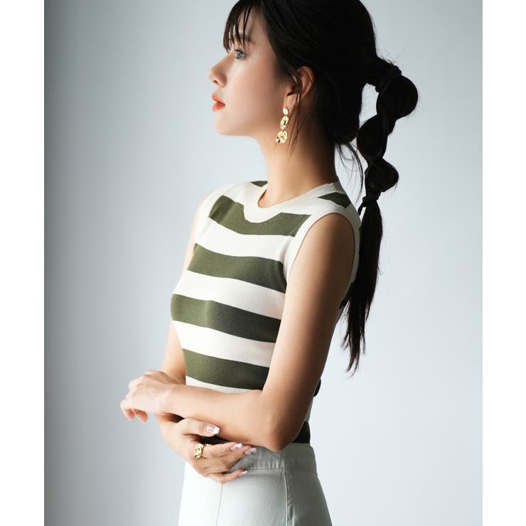 クルーネック配色ボーダーノースリーブニット | SAISON DE PAPILLON  | 詳細画像4 