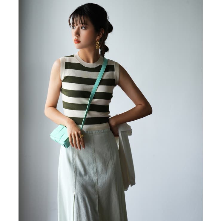 クルーネック配色ボーダーノースリーブニット | SAISON DE PAPILLON  | 詳細画像6 