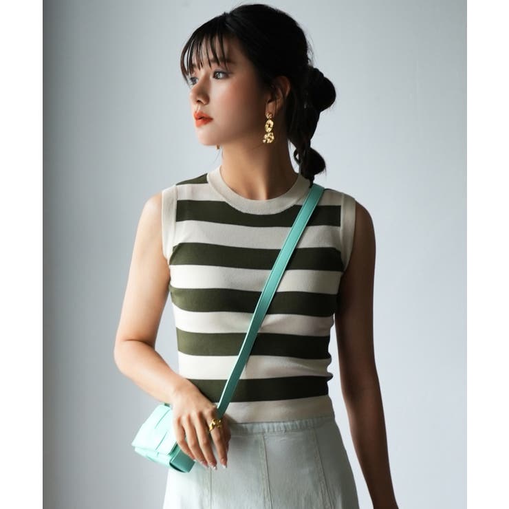 クルーネック配色ボーダーノースリーブニット | SAISON DE PAPILLON  | 詳細画像7 