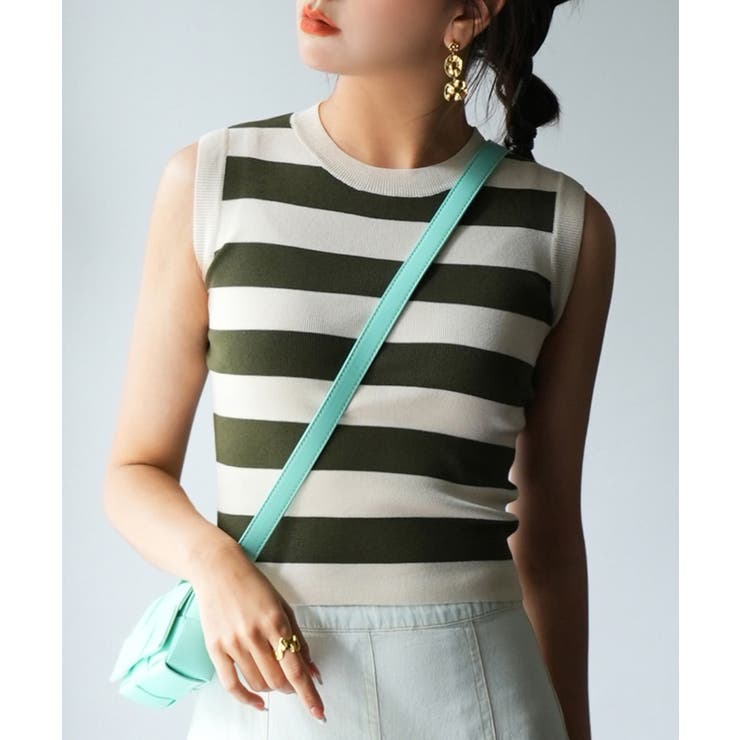 クルーネック配色ボーダーノースリーブニット | SAISON DE PAPILLON  | 詳細画像8 