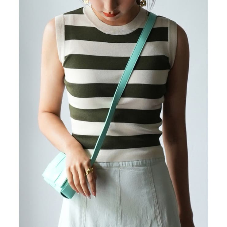 クルーネック配色ボーダーノースリーブニット | SAISON DE PAPILLON  | 詳細画像9 