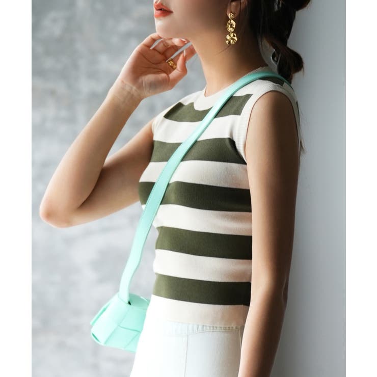 クルーネック配色ボーダーノースリーブニット | SAISON DE PAPILLON  | 詳細画像10 