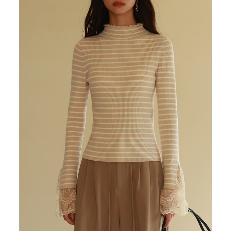 ベージュ | レース袖口プチハイネックニット | SAISON DE PAPILLON 