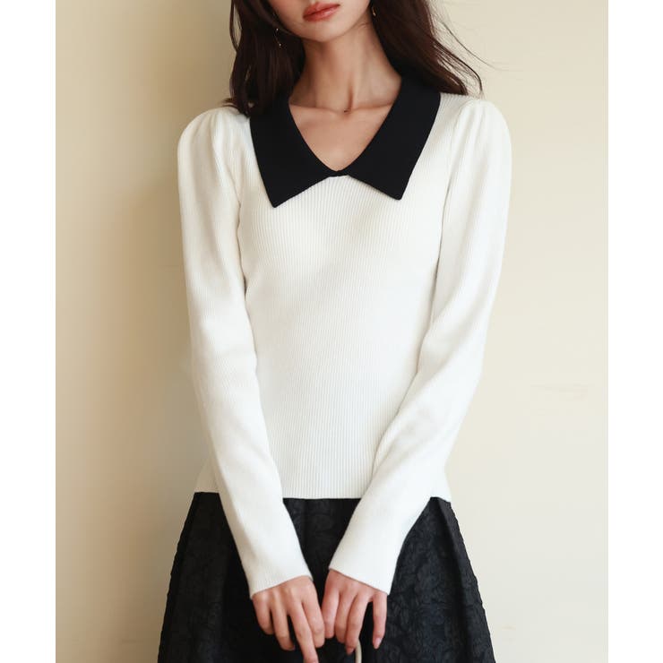 ホワイト | トレンドの襟付きリブニット | SAISON DE PAPILLON 