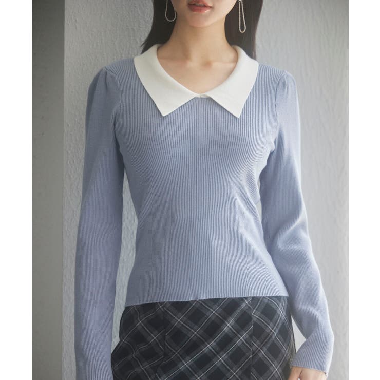 ブルーグレー | トレンドの襟付きリブニット | SAISON DE PAPILLON 