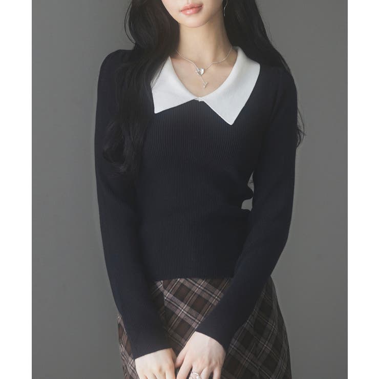 ブラック | トレンドの襟付きリブニット | SAISON DE PAPILLON 