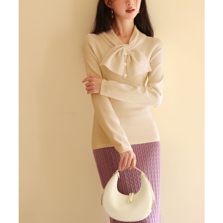 ベージュ | リボンボウタイネックニットプルオーバ | SAISON DE PAPILLON 