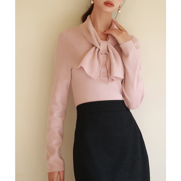 ピンク | リボンボウタイネックニットプルオーバ | SAISON DE PAPILLON 