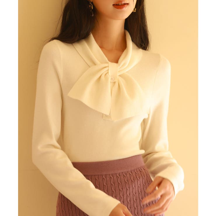 アイボリー | リボンボウタイネックニットプルオーバ | SAISON DE PAPILLON 