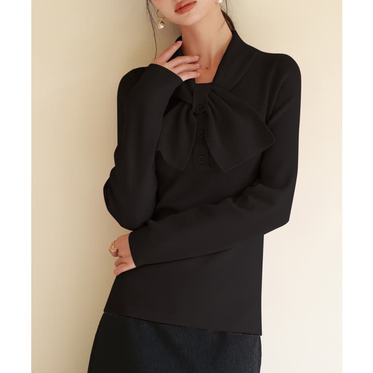 ブラック | リボンボウタイネックニットプルオーバ | SAISON DE PAPILLON 