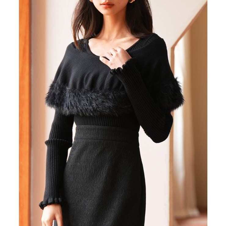 ブラック | ファー付きケープライクニットプルオーバー | SAISON DE PAPILLON 