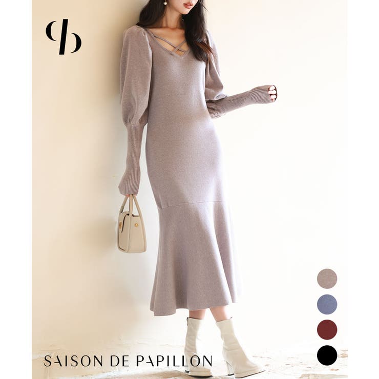 マトンスリーブニットミモレ丈ワンピース | SAISON DE PAPILLON  | 詳細画像1 