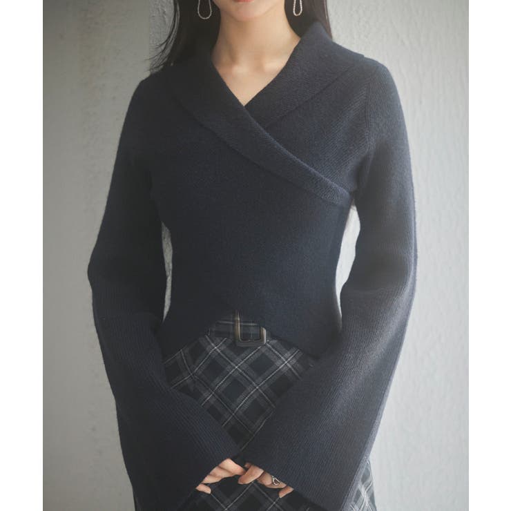 ブラック | 折り返し襟リブ編みニットプルオーバー | SAISON DE PAPILLON 